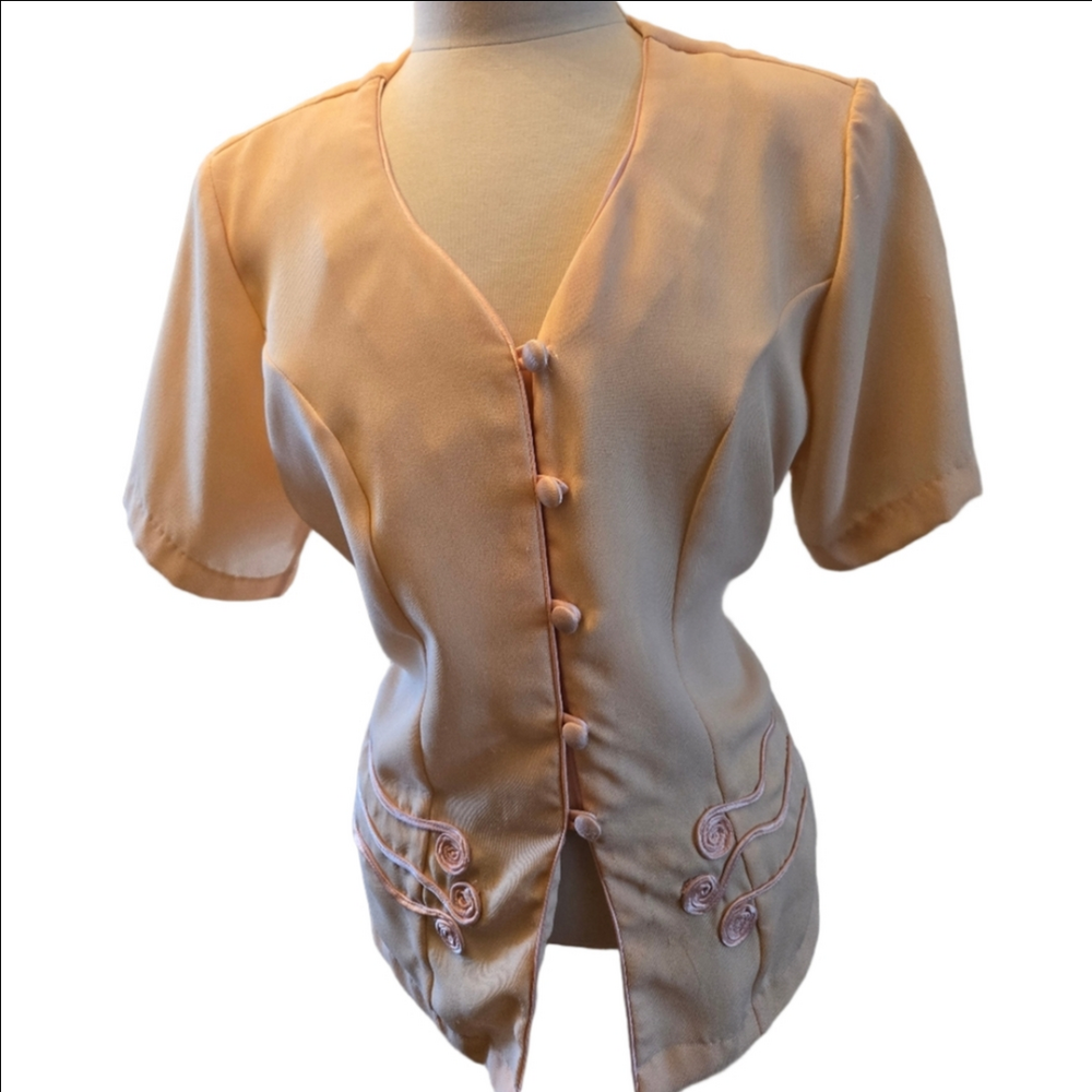 🔥3/15$ Vintage Style Peach Button Front Blouse Soft Retro Short Sleeve Top